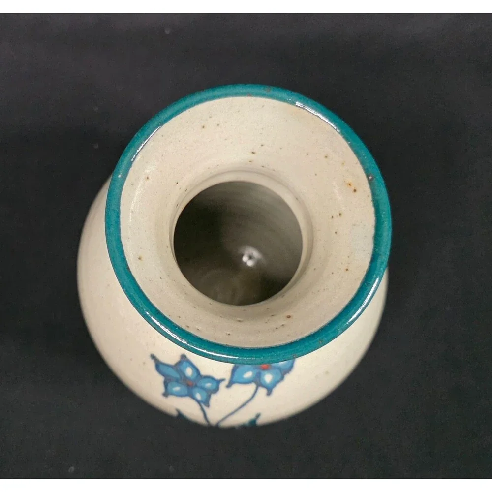 Hand Thrown Studio Pottery Vase Gray & Teal Blue Floral Stoneware Signed 6.75